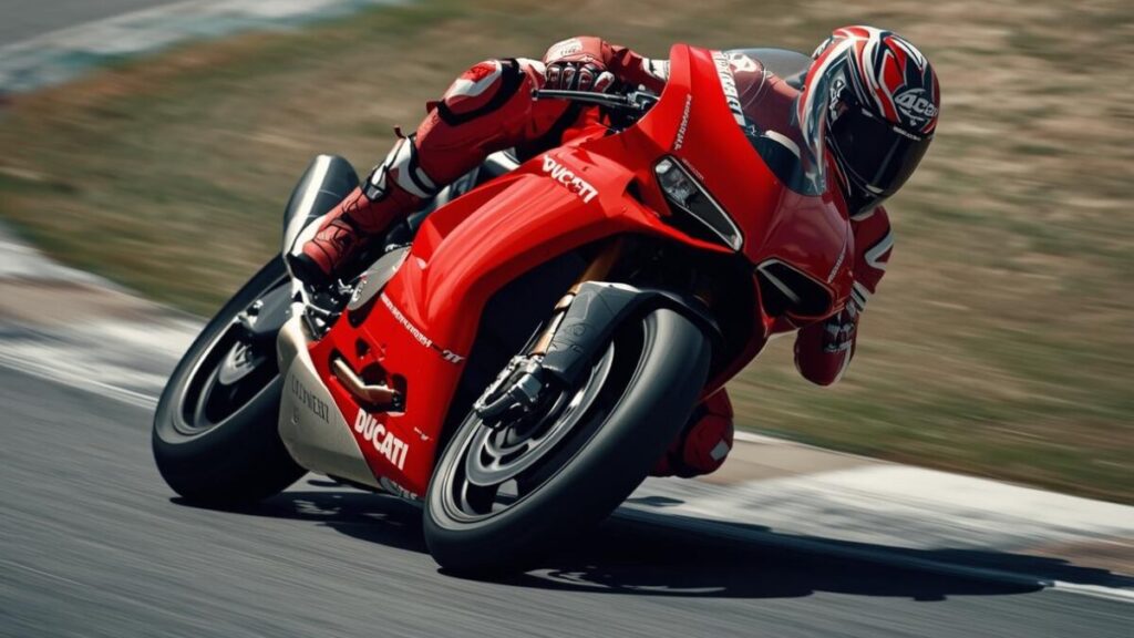 サーキットを高速走行するドゥカティ。圧倒的な速さを生む高性能エンジンの代償として、発熱量が増え「ドゥカティは燃える」リスクと背中合わせであることを象徴する画像。