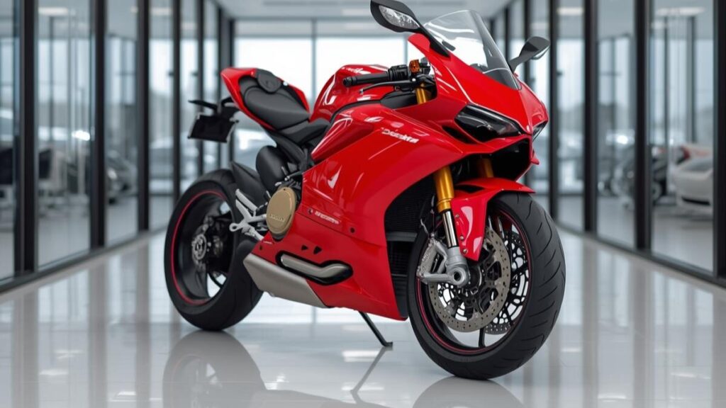ショールームに美しく展示されたドゥカティ。資産価値や値落ち率について検討する際、メンテナンス状況が「ドゥカティは燃える」リスク管理と同様に重要であることを示す。