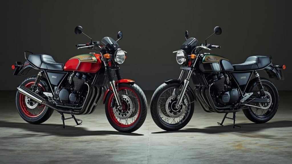 ガレージに並ぶGPZ400とGPZ400Fの違いを視覚的に比較し、赤いホイールと黒いホイールのコントラストや当時の空冷4気筒の造形美を捉えた高品位な写真。