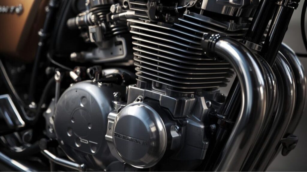 最高出力の向上に寄与した吸排気系やキャブレター周辺を強調した、GPZ400とGPZ400Fの違いを感じさせる精緻な空冷エンジンパーツのクローズアップ画像。