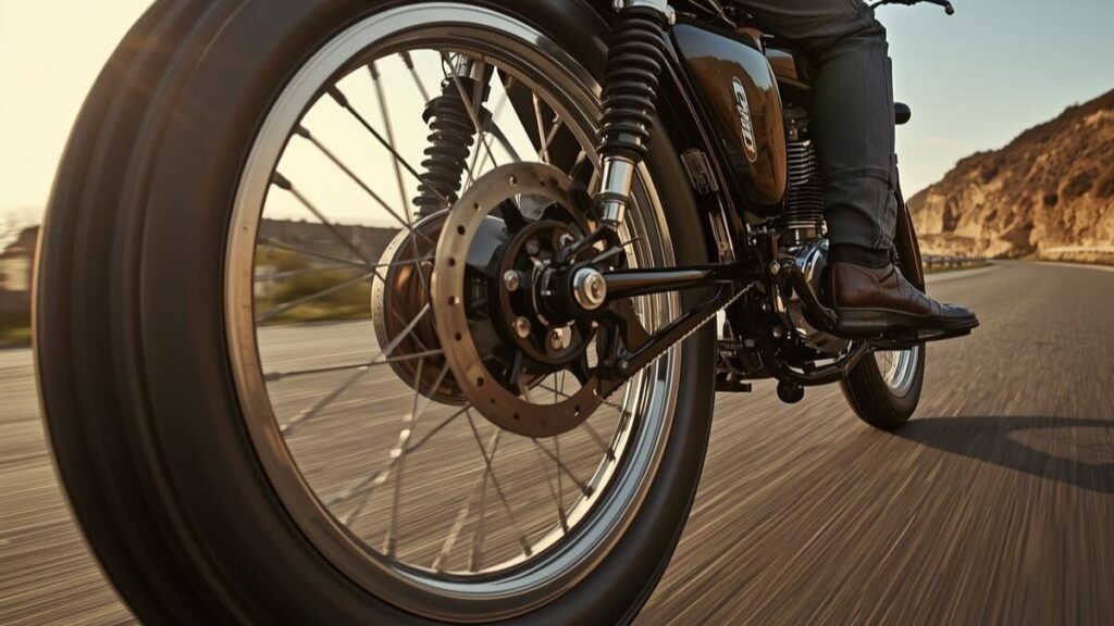 サスペンション構造の進化やホイールデザインに注目し、GPZ400とGPZ400Fの違いを走行シーンの中で表現した足回りとリアタイヤのダイナミックな構図。