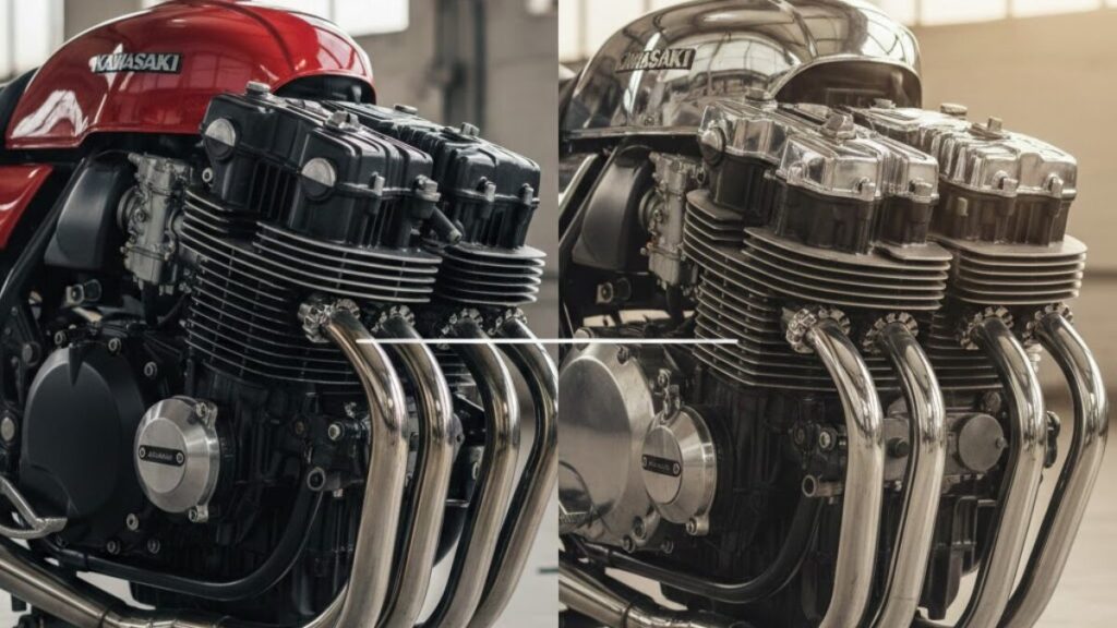 高回転型と中低速トルク重視という特性の差を意識し、GPZ400とGPZ400Fの違いの源流となった空冷4気筒エンジンとゼファーの設計思想を表現した一枚。