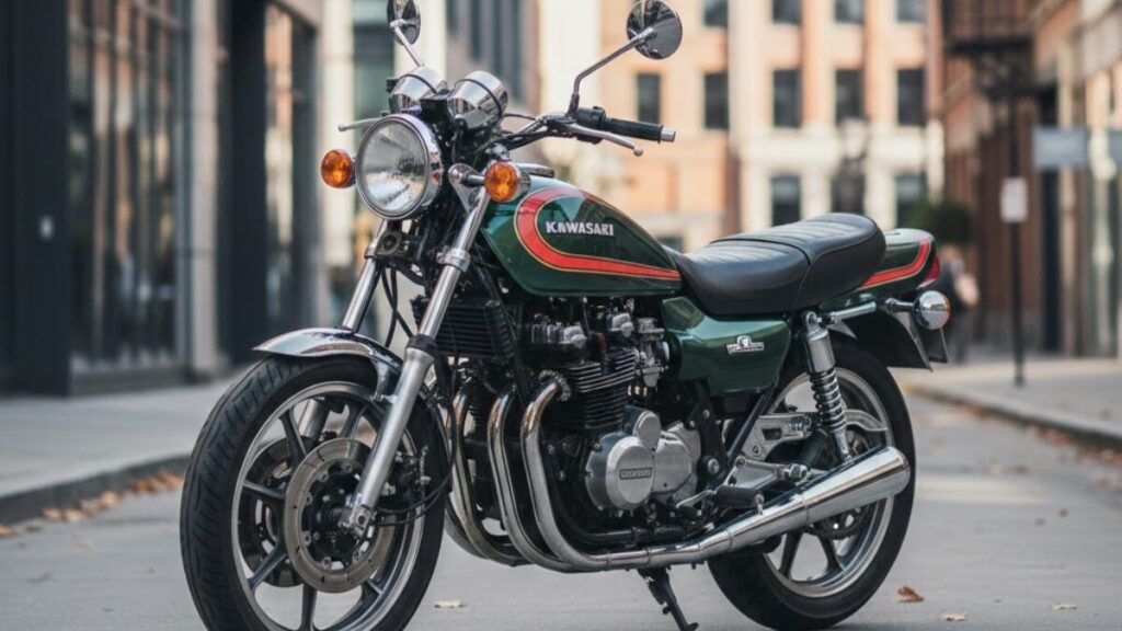 カウルを廃した無骨なスタイルが特徴のGPZ400F-Ⅱを写し、GPZ400とGPZ400Fの違いである軽快なハンドリングとネイキッドの造形美を強調した画像。