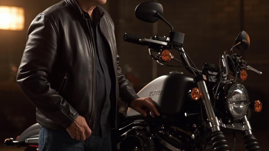 ガレージで状態の良いスポーツスターを吟味する50代の男性。ハーレー883の新車が買えない状況において、賢く中古車を選ぶための落ち着いた情景を表現しています。