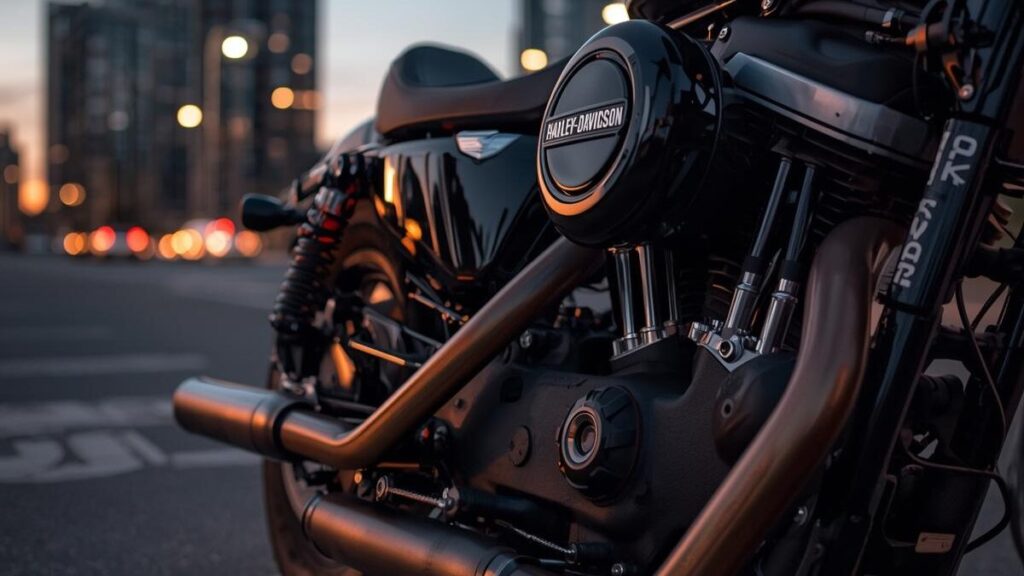 都会の夜景を背景にしたスポーツスターの排気系。排ガス規制の強化によりハーレー883の新車が買えない現状を、メカニカルかつ現代的な構図で描写しています。