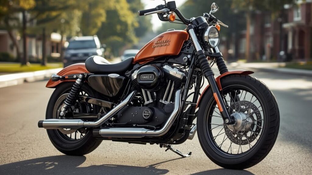 日差しの中で美しく輝く当時のスポーツスター883。かつての相場を想起させる新車のような佇まいで、ハーレー883の新車が買えない今の希少性を伝えます。