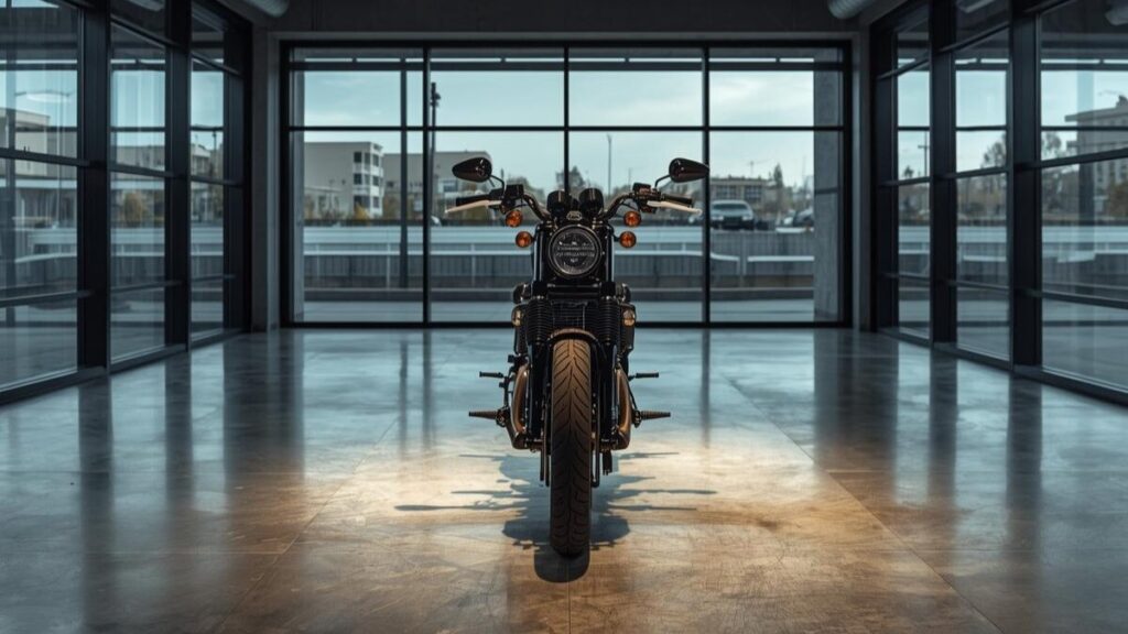 洗練されたショールームに展示された希少な1台。正規店でもハーレー883の新車が買えない、現在の在庫不足と市場の動向を静謐な構図で表現しています。