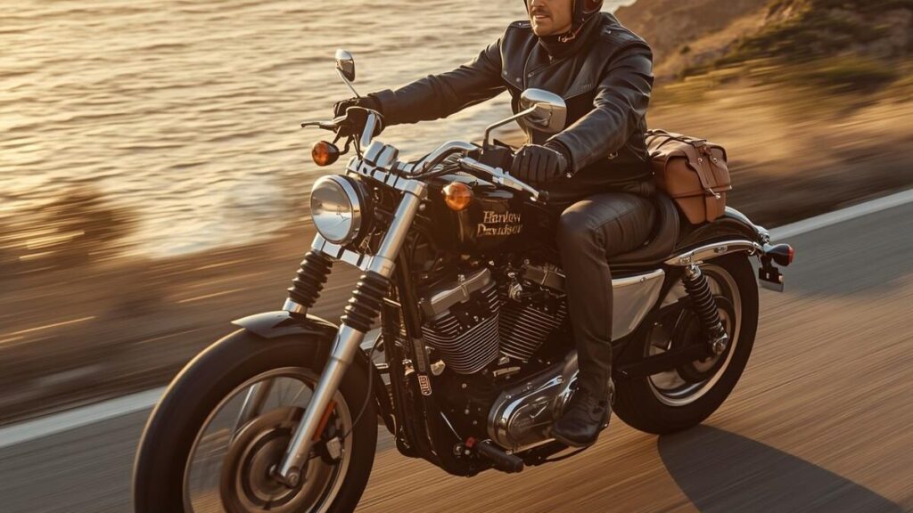 夕暮れの海岸線を颯爽と走る50代のライダー。プレミア価格がつくほどハーレー883の新車が買えない中、その希少性と所有する喜びを表現した1枚です。