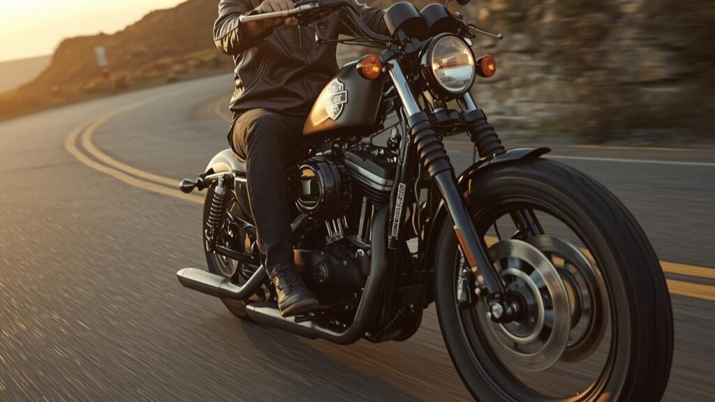 夕暮れの海岸線を走行するアイアン883とライダー。ハーレー883の新車が買えない今も支持される、空冷エンジン特有の鼓動感と魅力的な乗り味を動的に表現しています。