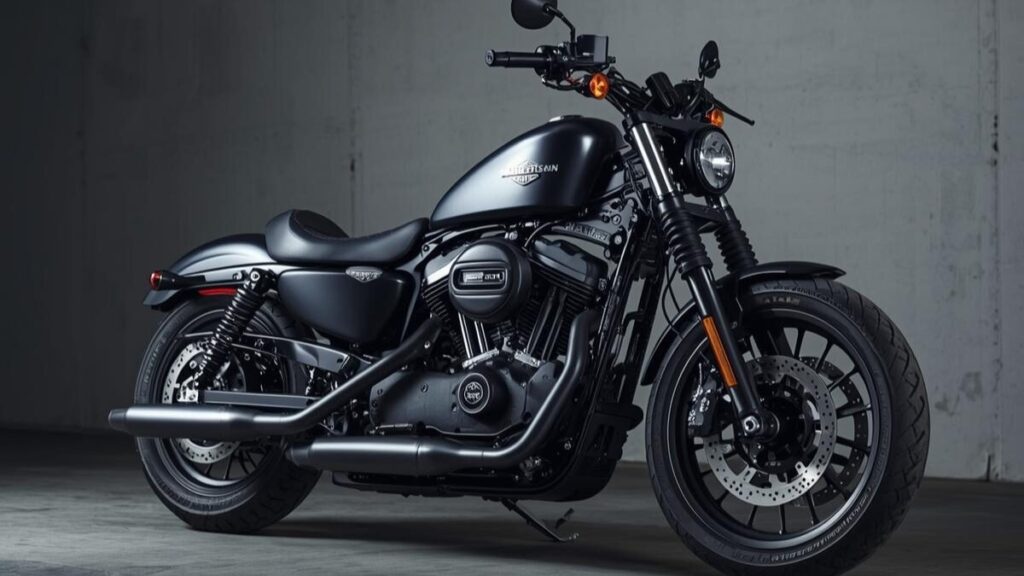 スタジオで撮影された最新の水冷スポーツスターモデル。ハーレー883の新車が買えない状況下で登場した、現代的な性能を追求した後継機の先進的なデザインを強調しています。