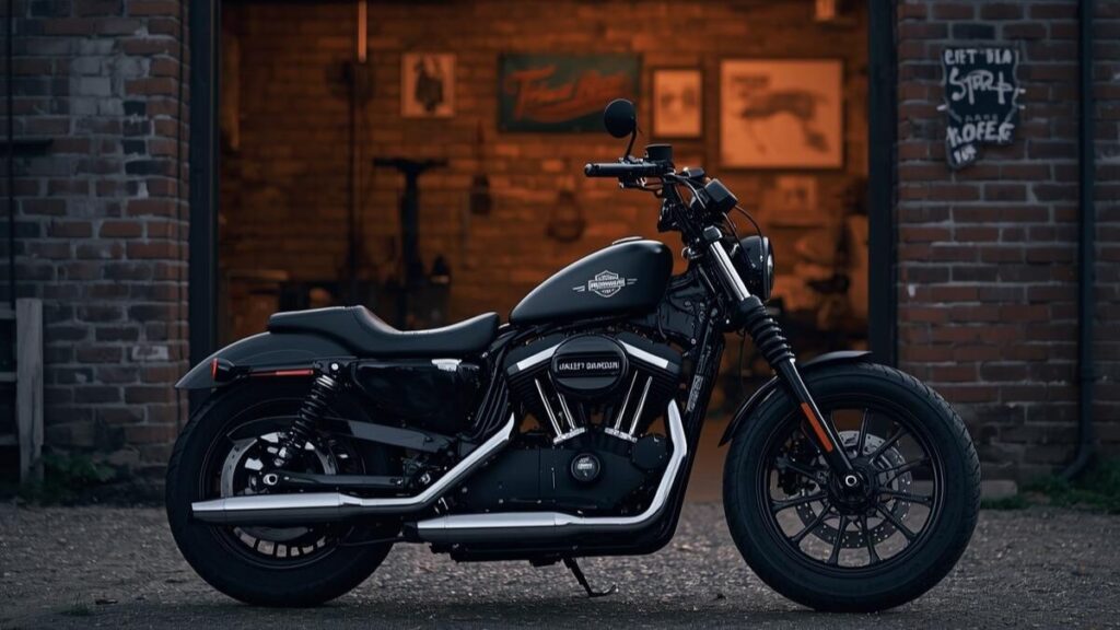 レトロなガレージ前に佇むナイトスター。ハーレー883の新車が買えない時代においても、その精神が新しい水冷モデルに確かに受け継がれている様子を情緒的に表現しています。