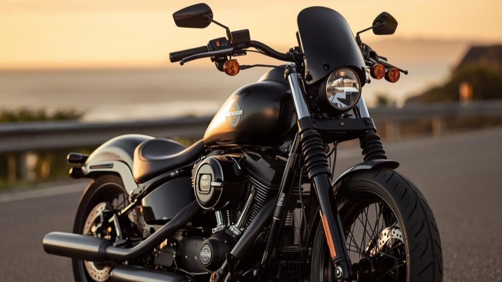 洗練されたカスタムが施されたクラブスタイルのハーレー。ハーレーのクラブスタイルはダサいという評価を覆す、機能美溢れる一台が夕暮れの沿岸道路に佇む様子。