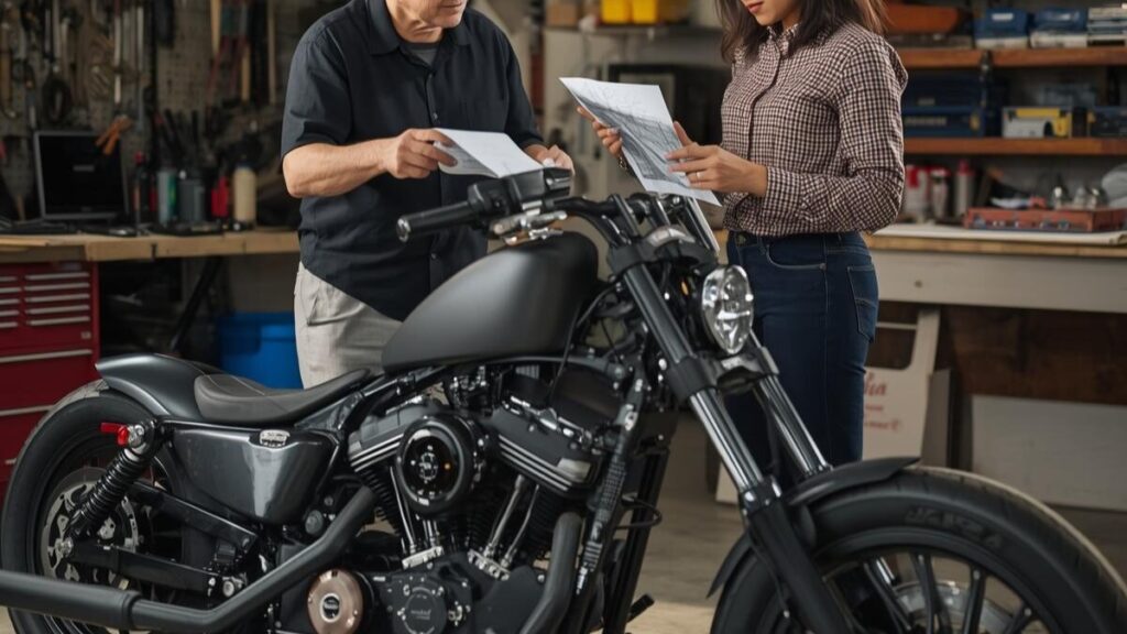 カスタムショップでプロのビルダーと談笑する男性オーナー。ハーレーのクラブスタイルはダサいという失敗を防ぎ、理想の一台を追求する専門家との相談シーン。