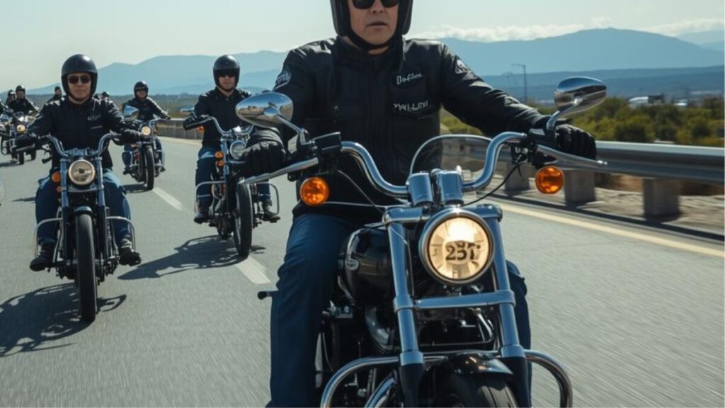 揃いのウェアで高速道路を走行するベテランライダーの集団。ハーレーのクラブスタイルはダサいと思われがちな集団走行のイメージを、大人の品格漂う光景として表現。