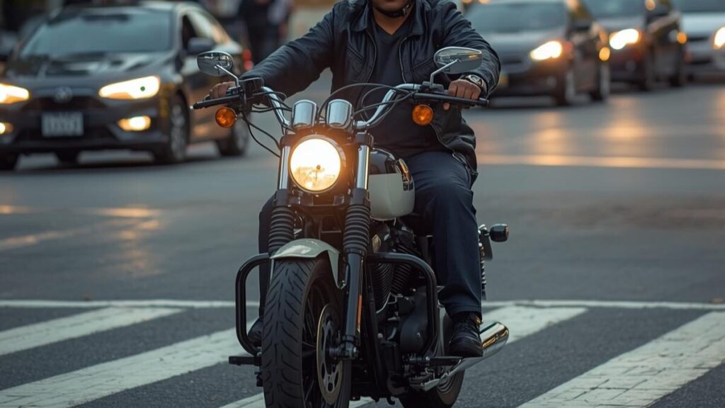 都会の喧騒を走るクラブスタイルのハーレー。効率重視の層からは「ハーレーのクラブスタイルはダサい」と見られがちな、独特の鼓動と個性を放つ都会での走行シーン。