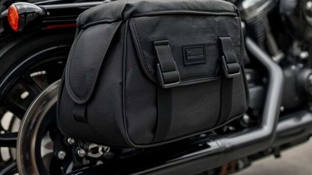 車体に馴染む黒のナイロン製サイドバッグ。実用性と無骨さを両立し、ハーレーのクラブスタイルはダサいという生活感を感じさせない、玄人好みのアイテム選び。