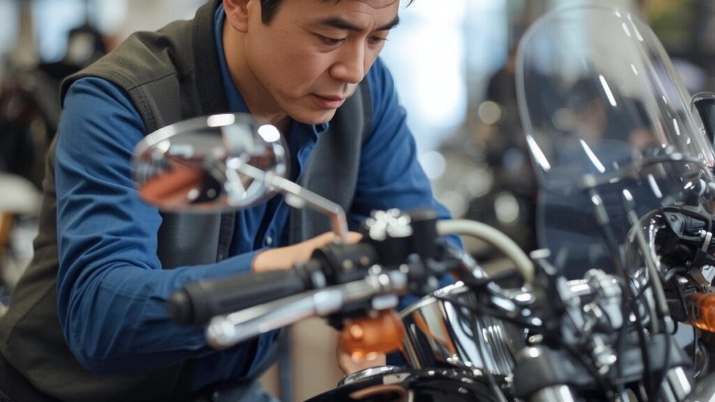 販売店で中古車両の状態を念入りに確認する男性。ハーレーのクラブスタイルはダサいと後悔しないために、配線や燃調など重要ポイントを賢く見極める購入検討の様子。