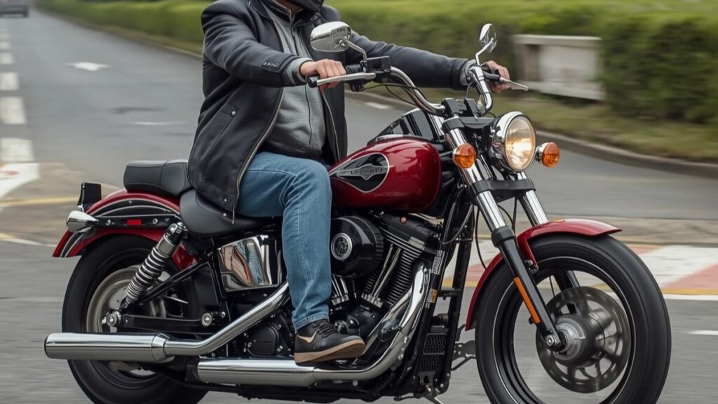 余裕のある姿勢でスマートに走行する60代の日本人ライダー。ハーレーのクラブスタイルはダサいという偏見を払拭する、大人の品格を感じさせるライディングシーン。