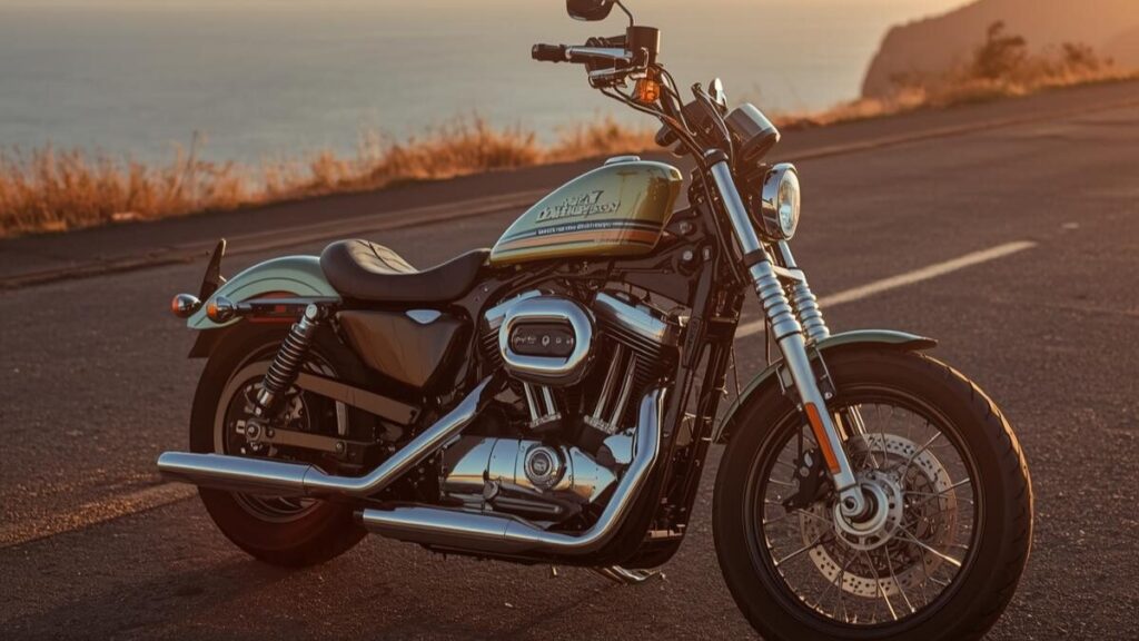 夕暮れの美しい海岸線に佇むハーレーダビッドソンのスポーツスター1200。広大な景色とバイクの美しいコントラストを捉えた、プロ仕様の高品質な写真です。