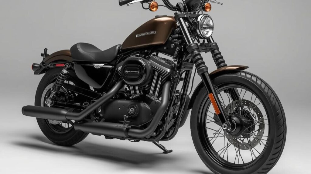 ハーレーダビッドソンのスポーツスター1200のメカニカルな造形美が際立つサイドビュー。1202ccエンジンと車体のバランスを鮮明に捉えたスタジオ撮影画像です。