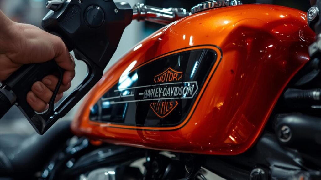 エンジン保護のためにハイオクガソリンを給油する際の、ハーレーダビッドソンのスポーツスター1200の燃料タンクとノズルを映したシネマティックな一枚。