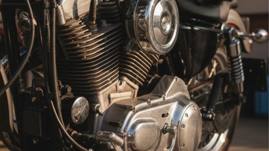 伝統的な鼓動を感じさせるキャブレター周辺のクローズアップ。自然光の中でアナログな魅力を放つ、往年のハーレーダビッドソンのスポーツスター1200を表現した画像です。