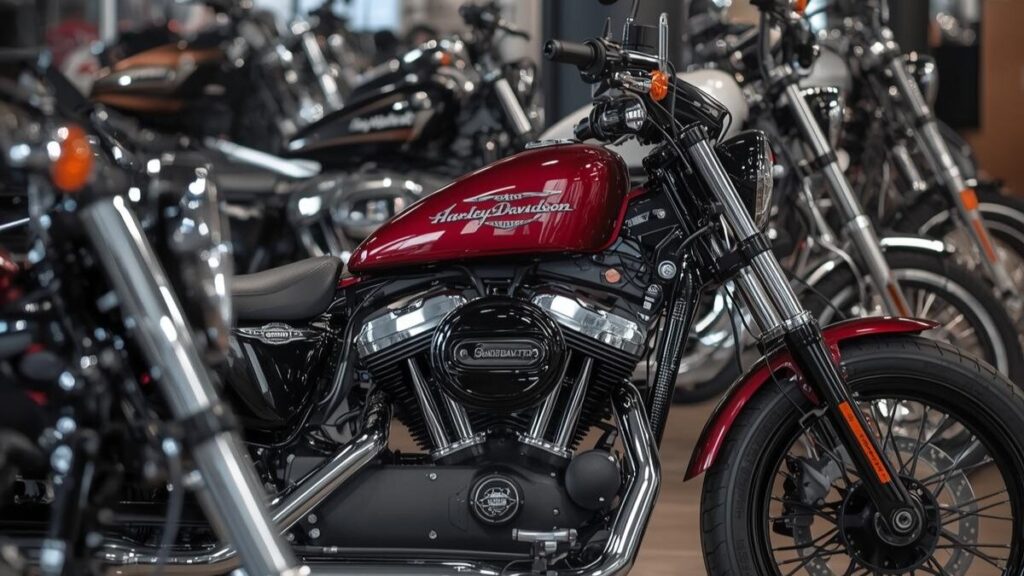 中古市場でも高い価値を維持するハーレーダビッドソンのスポーツスター1200が、洗練されたショールームに並ぶ様子を捉えたプロフェッショナルな写真。