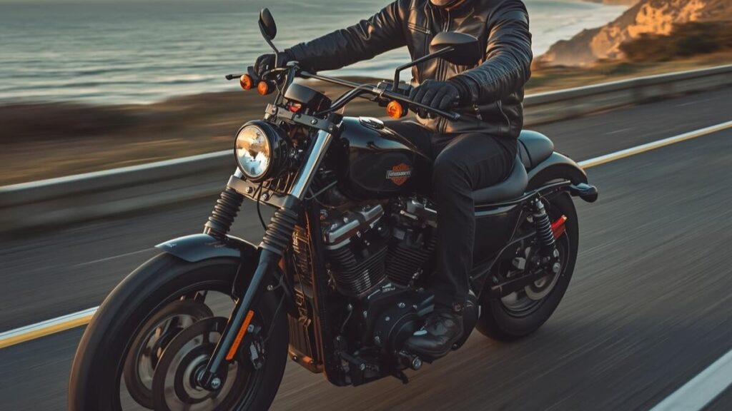 海岸線を快適に走行する50〜60代の日本人ライダー（ヘルメット着用）。インジェクションチューニングによって本来の性能と乗りやすさを取り戻し、ハーレーのチューニング費用の価値を実感している様子。