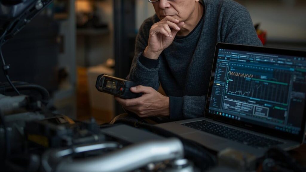 自宅ガレージで専用デバイスを手に作業するオーナー。機材を揃える初期費用や知識が必要となる、自分で行う場合のハーレーのチューニング費用とリスク。