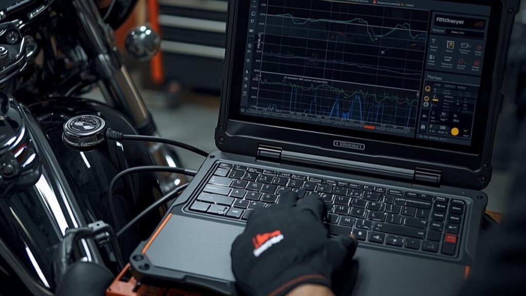 プロのショップで専用デバイスとPCを接続し、燃調データの最適化作業を行っている様子。ハーレーのチューニング費用の内訳となるデバイス代や技術料が発生する現場。