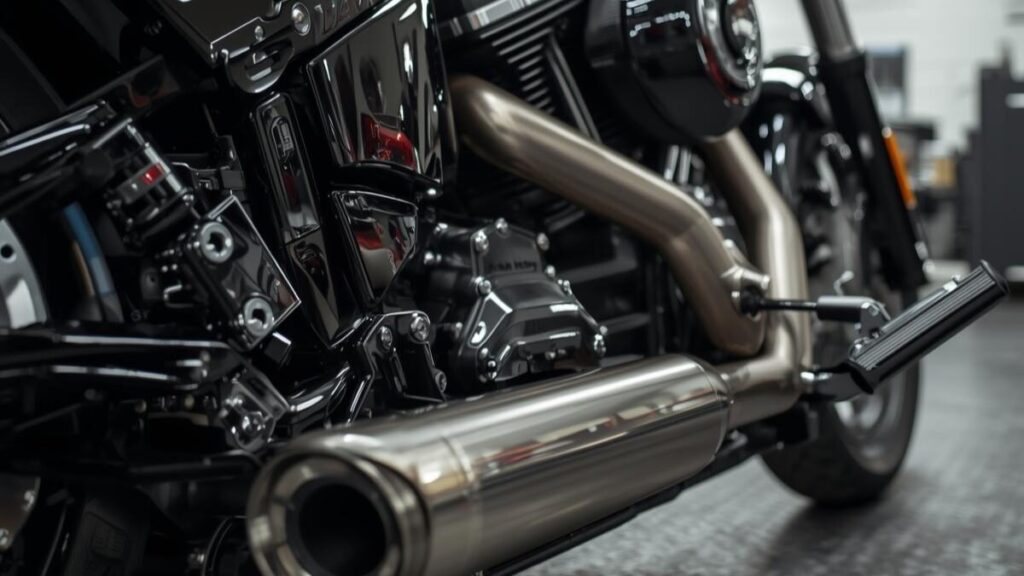 社外マフラーとエアクリーナーに交換されたハーレーのエンジン周辺。吸排気バランスが変化するため、ハーレーのチューニング費用をかけて燃調を合わせる必要性を示す構図。