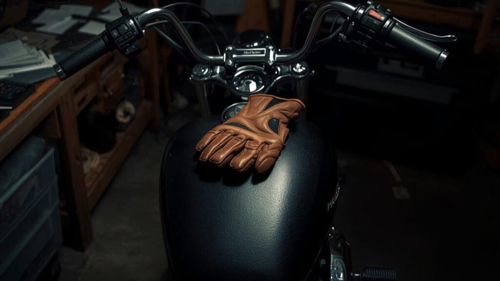 静かなガレージに置かれたハーレーと計算機などの小物。メリットだけでなく、ハーレーのチューニング費用や車検への影響といったデメリットも冷静に考慮する様子。