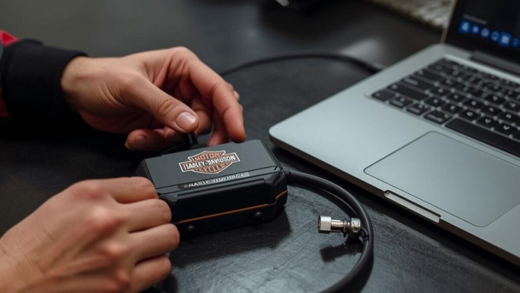 熟練のメカニックによるECMの書き換え作業。郵送対応やスピード施工など、独自の強みを持つモーターステージのハーレーのチューニング費用をイメージ。