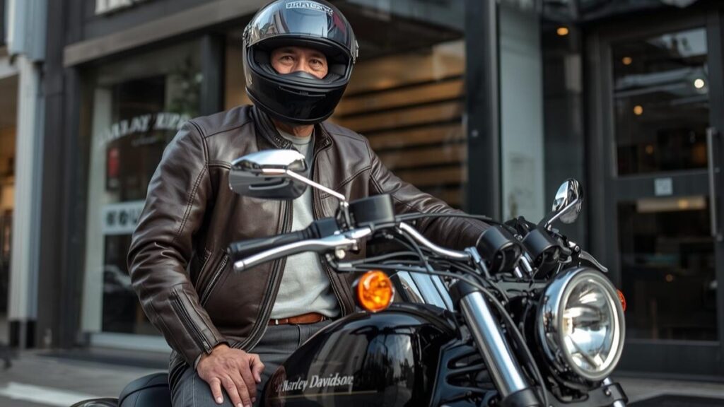 大阪の専門店を訪れる50代の日本人ライダー。各店舗のこだわりや乗り味の違いから選ぶ、関西エリアでの最適なハーレーのチューニング費用の見つけ方。