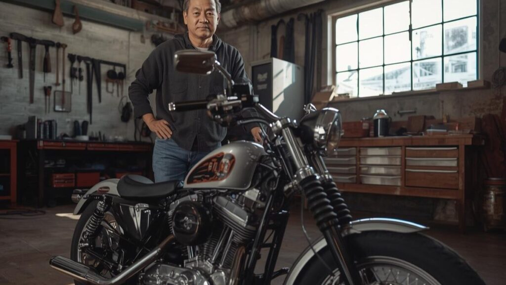 ガレージに佇むヴィンテージバイクとオーナーの姿。「ハーレーショベルで後悔」しないための知識や維持のコツを解説する記事のアイキャッチ画像。