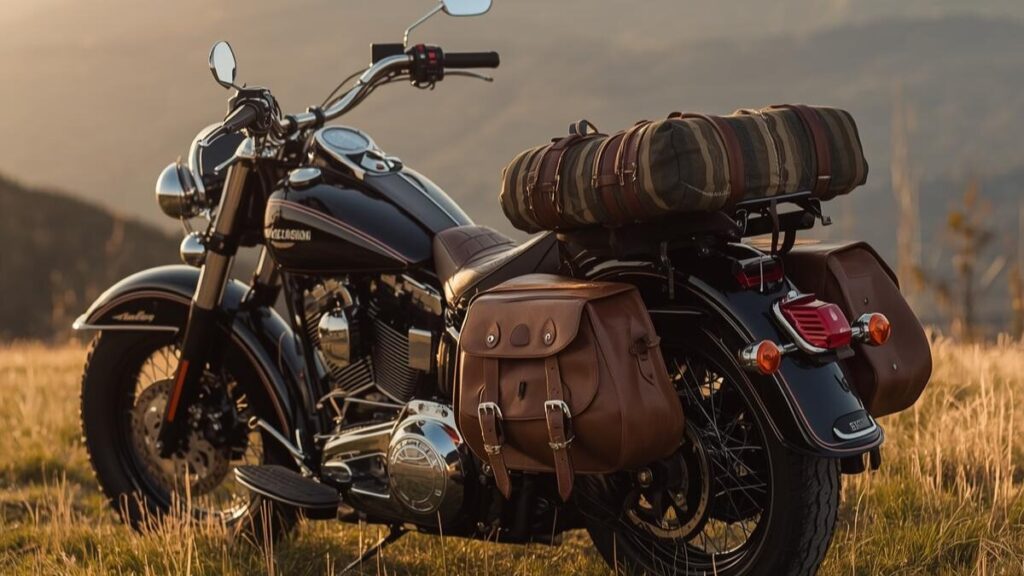 キャンプ道具を積載し旅先で佇むバイク。事前の点検と準備を行うことで、ロングツーリングなどの普段使いでもハーレーショベルで後悔しない使い方のイメージ。