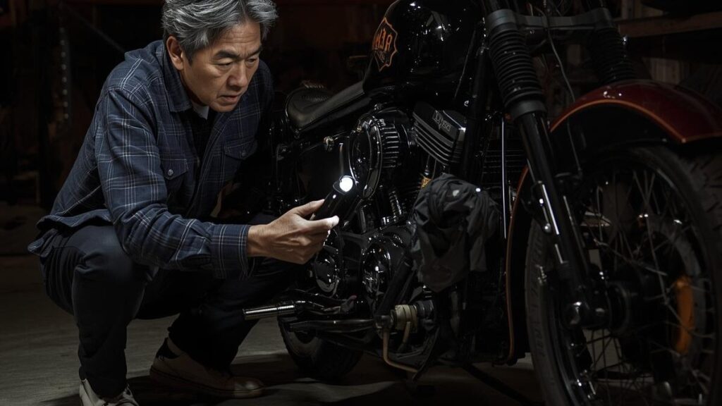 中古車両の状態を慎重に確認する男性の様子。状態の悪い個体を見極め、ハーレーショベルで後悔しないための正しい車両選びのイメージ。