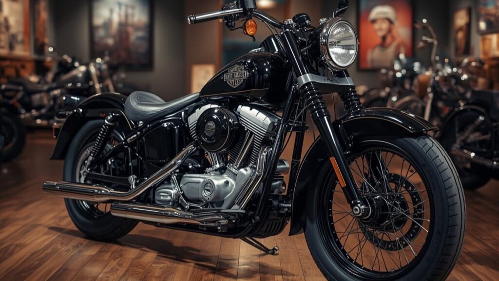 ショップに展示された資産価値の高いヴィンテージバイク。市場価格の推移や相場を知り、ハーレーショベルで後悔しないための購入判断のイメージ。