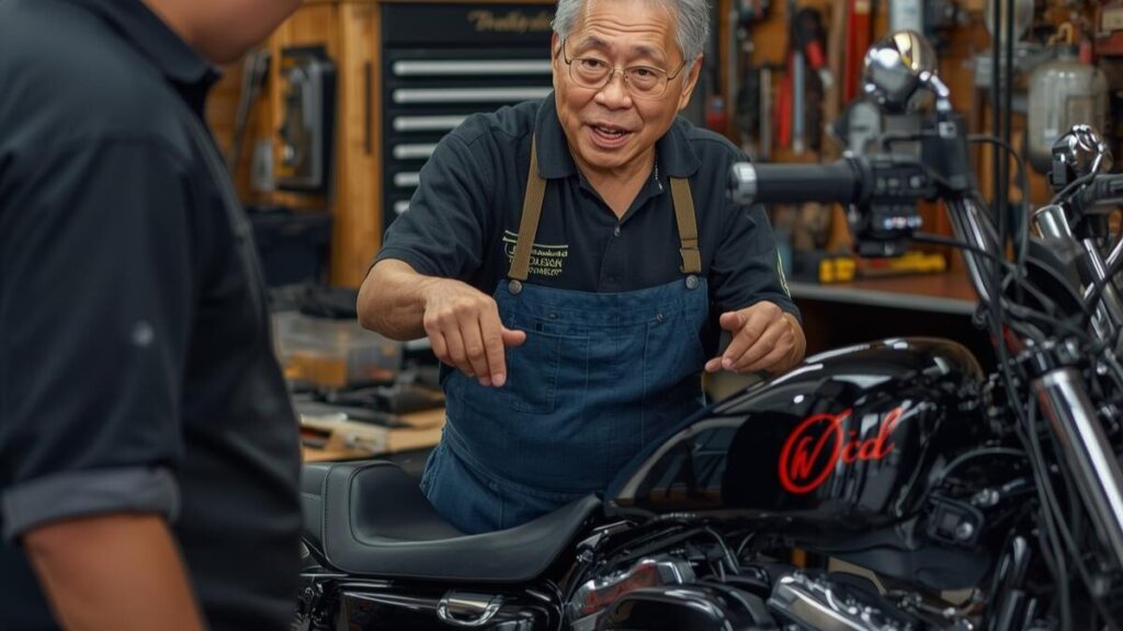 信頼できる専門店でメカニックと相談する様子。ハーレーショベルで後悔しないために重要なショップ選びと購入後のサポート体制のイメージ。