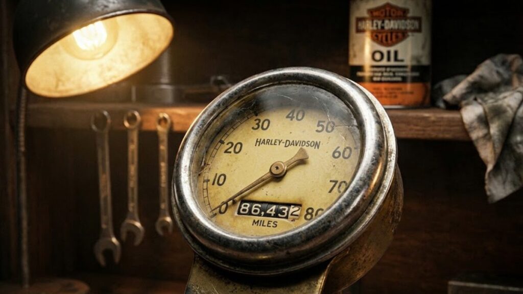大切に整備され距離を重ねたメーター周り。適切なメンテナンスを行えば寿命を延ばせることを知り、ハーレーショベルで後悔しないための維持管理のイメージ。