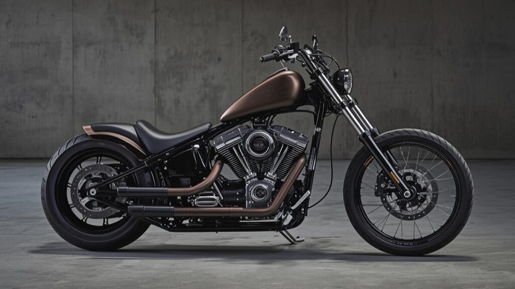 ハーレーのタンクアップはダサいという声を検証し、エンジンの造形美を際立たせるために燃料タンクを持ち上げたカスタム車両のスタイリッシュな横影。