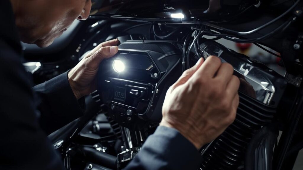 ハーレーのタンクアップはダサいトラブルを起こさないよう、走行前にタンク下の配線やボルトの緩みをライトで照らしながら入念に行う定期メンテナンス。