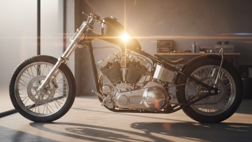ハーレーのタンクアップはダサいという評価を覆す、配線処理を徹底しエンジンの存在感を最大限に引き出した洗練されたカスタムバイクのクローズアップ。
