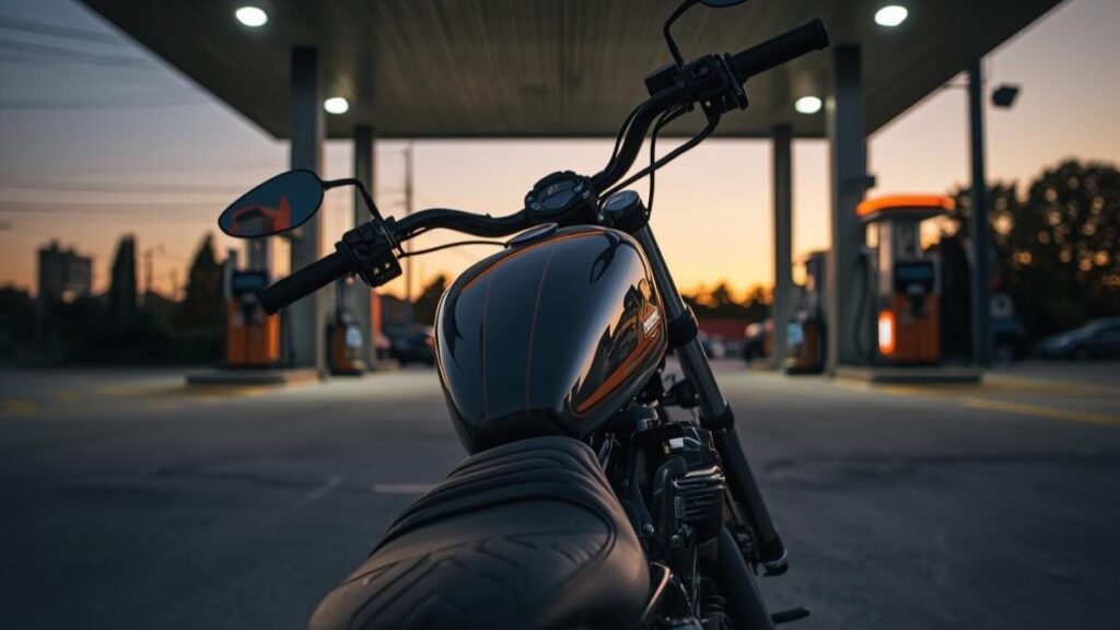 燃料の有効容量や全体のバランスなど、ハーレーのタンクアップはダサいと感じさせないための実用的な課題を考慮しつつ、給油所に佇むカスタムバイク。