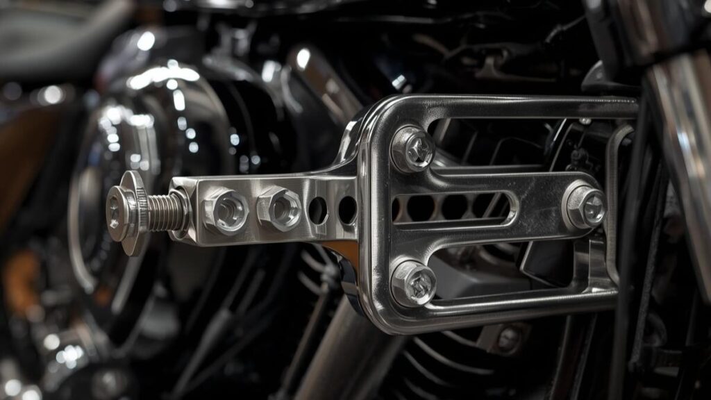 走行時の安全性を確保するため、ハーレーのタンクアップはダサいと言われない強固なステーで燃料タンクを固定し、プロの現場で点検を行っている様子。