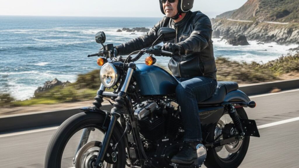 長距離走行を見据え、ハーレーのタンクアップはダサいという懸念を払拭する容量アップタンクを装着したフォーティーエイトで海岸沿いを走る男性。