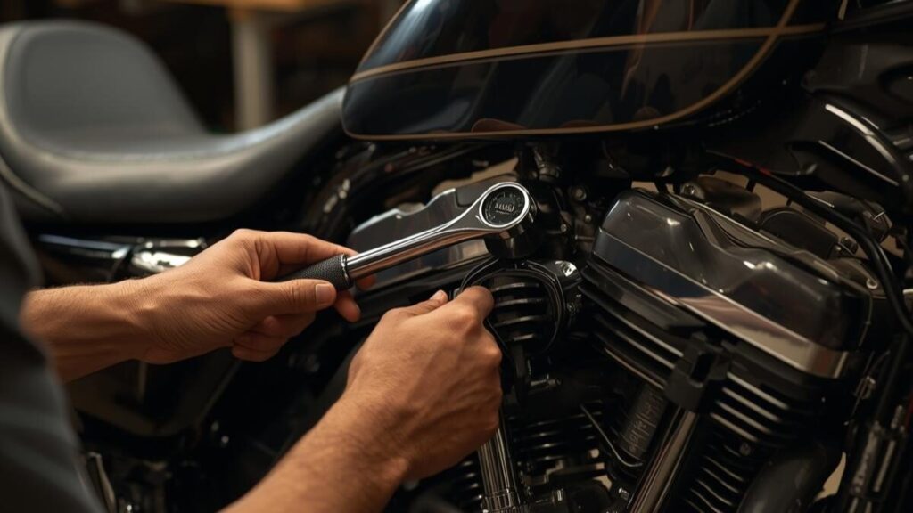 ハーレーのタンクアップはダサい仕上がりを避けるため、自宅のガレージで専用のステーを使い慎重に作業を進めるオーナーによるDIYカスタムの様子。