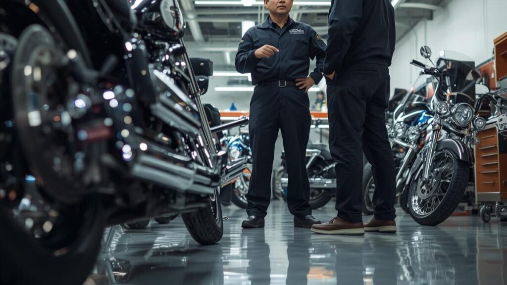 ハーレーのタンクアップはダサい状態にならないよう、確かな技術を持つプロのショップへ工賃や配線処理の相談をしている信頼感のある打ち合わせ風景。