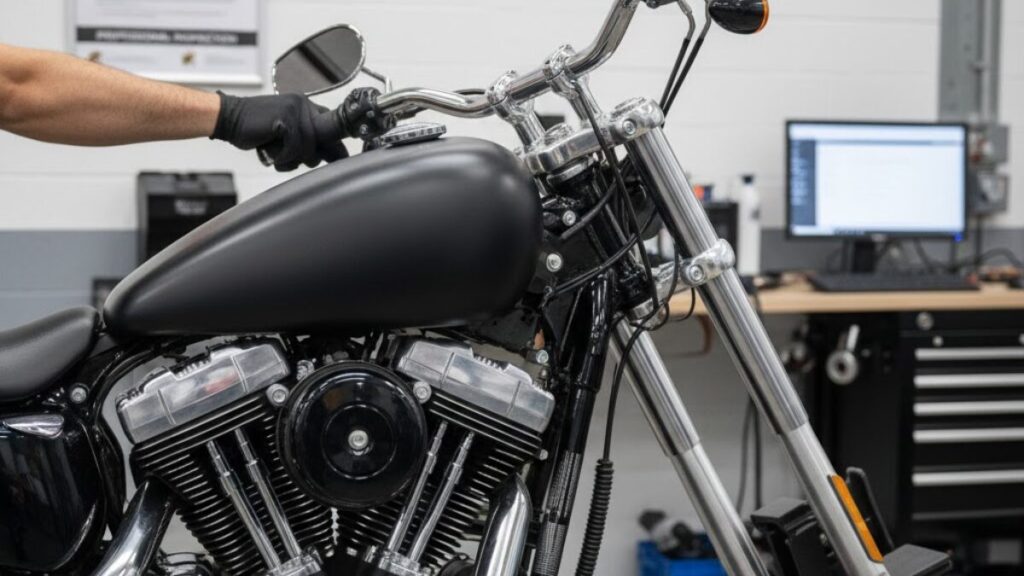 ハーレーのタンクアップはダサいだけでなく安全性も考慮し、ハンドルの干渉や固定強度を車検の保安基準に照らし合わせて厳格に確認している様子。