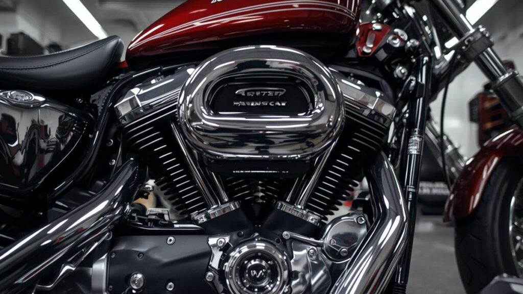 ガレージ内で整備を受けるハーレーのツインカムは不人気な時期を超え、長年搭載されてきたエンジンの造形美を強調した、高解像度で質感のあるクローズアップ写真。